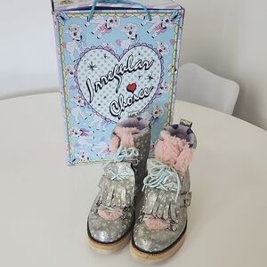 Irregular Choice Silver Star Fringe Boots with Pink Faux Fur Trim